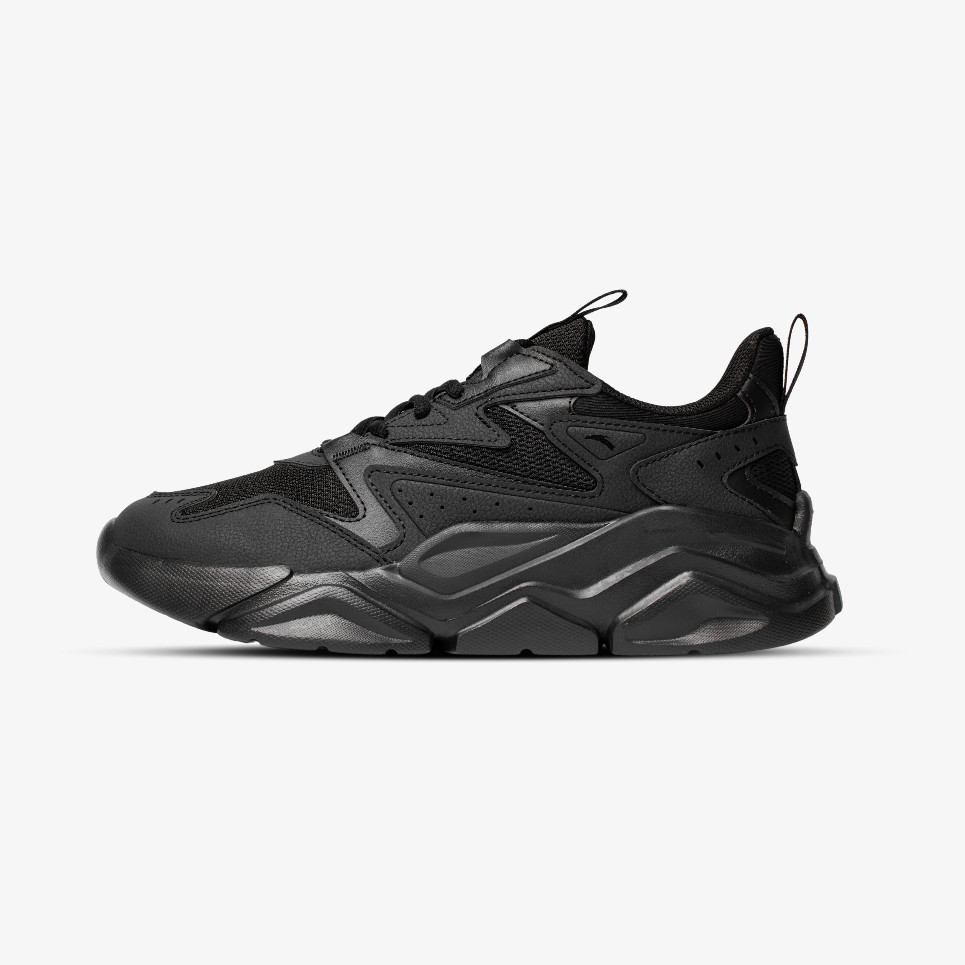 Side view of a black chunky athletic sneaker for men with mesh and leather upper, designed for urban streetwear style, displayed on a white background.

